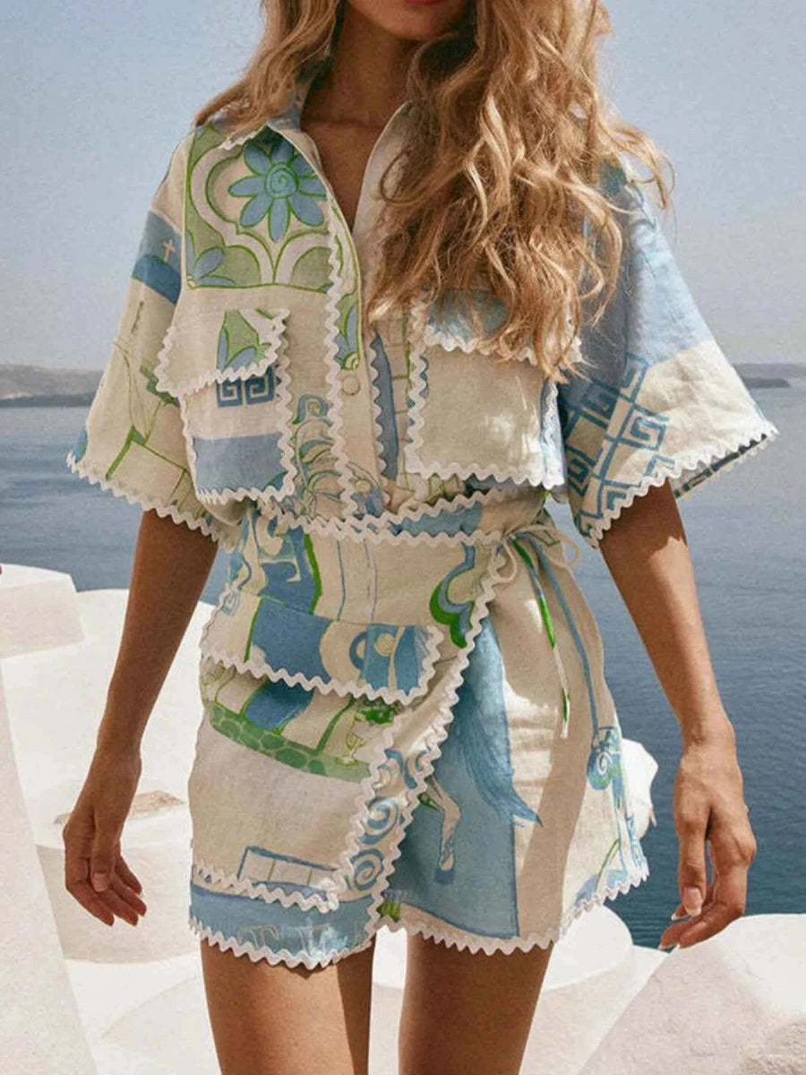 Printed Short Sleeve Shirt and Skirt Set.