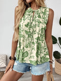 Printed Peplum Blouse with Sleeveless Ruffle Design - EBYNN