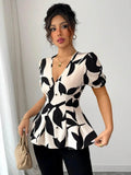 Puff Sleeve Peplum Blouse in Eye-Catching Prints - EBYNN