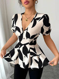 Puff Sleeve Peplum Blouse in Eye-Catching Prints - EBYNN
