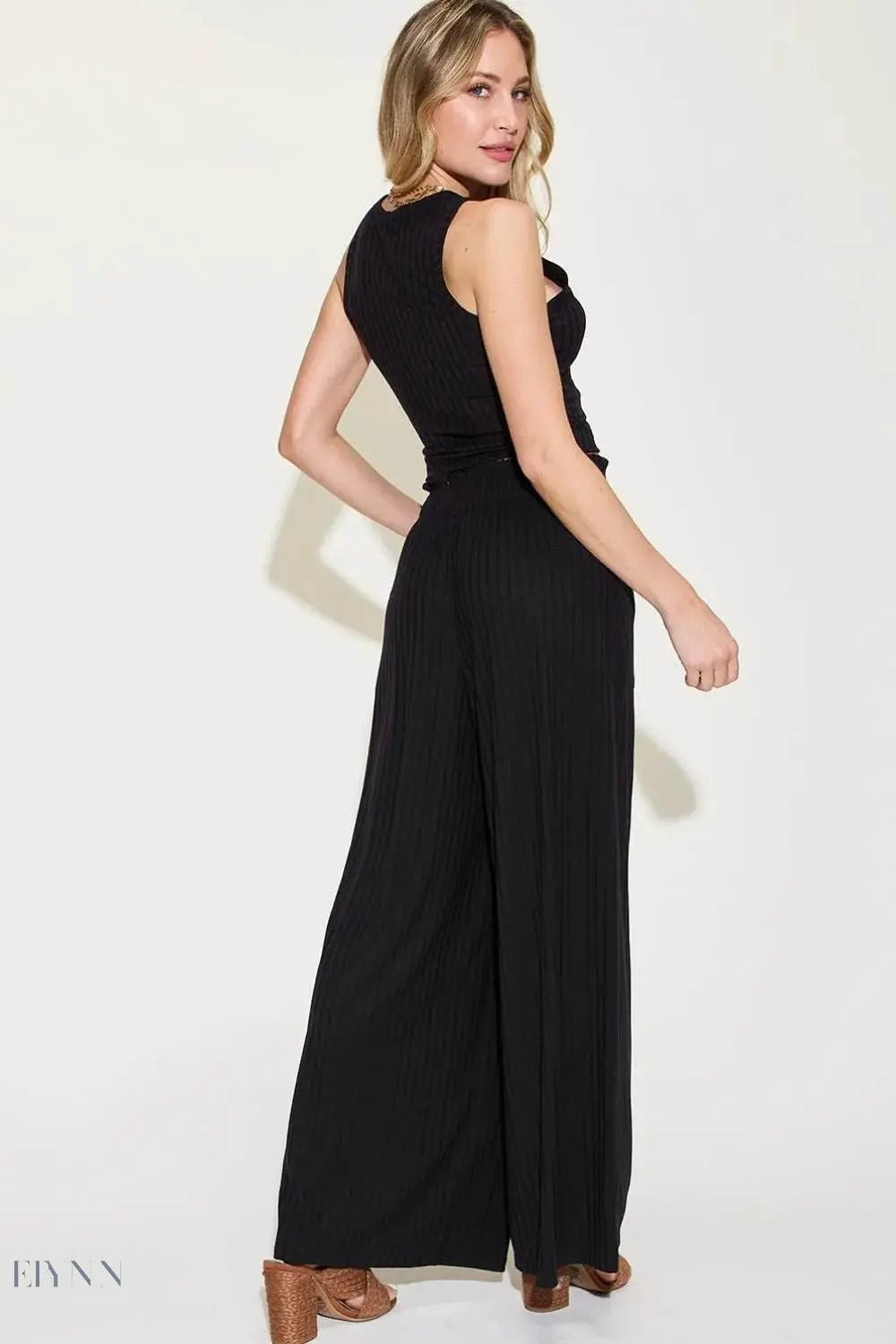 Basic Ribbed Tank Pants Set - Full Size Ribbed Tank and Wide Leg Pants Set - EBYNN
