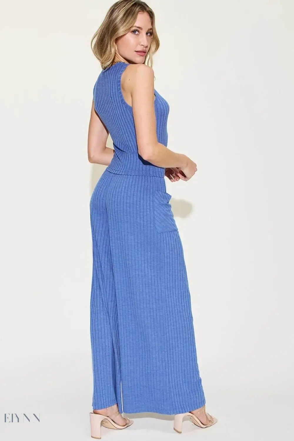 Basic Ribbed Tank Pants Set - Full Size Ribbed Tank and Wide Leg Pants Set - EBYNN