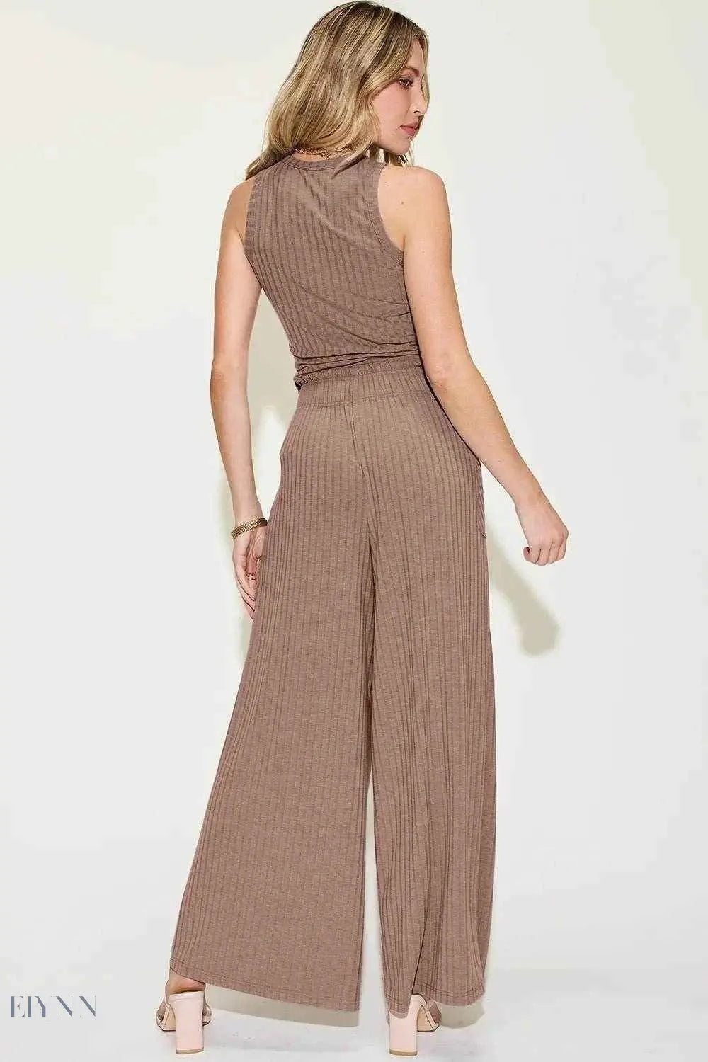 Basic Ribbed Tank Pants Set - Full Size Ribbed Tank and Wide Leg Pants Set - EBYNN