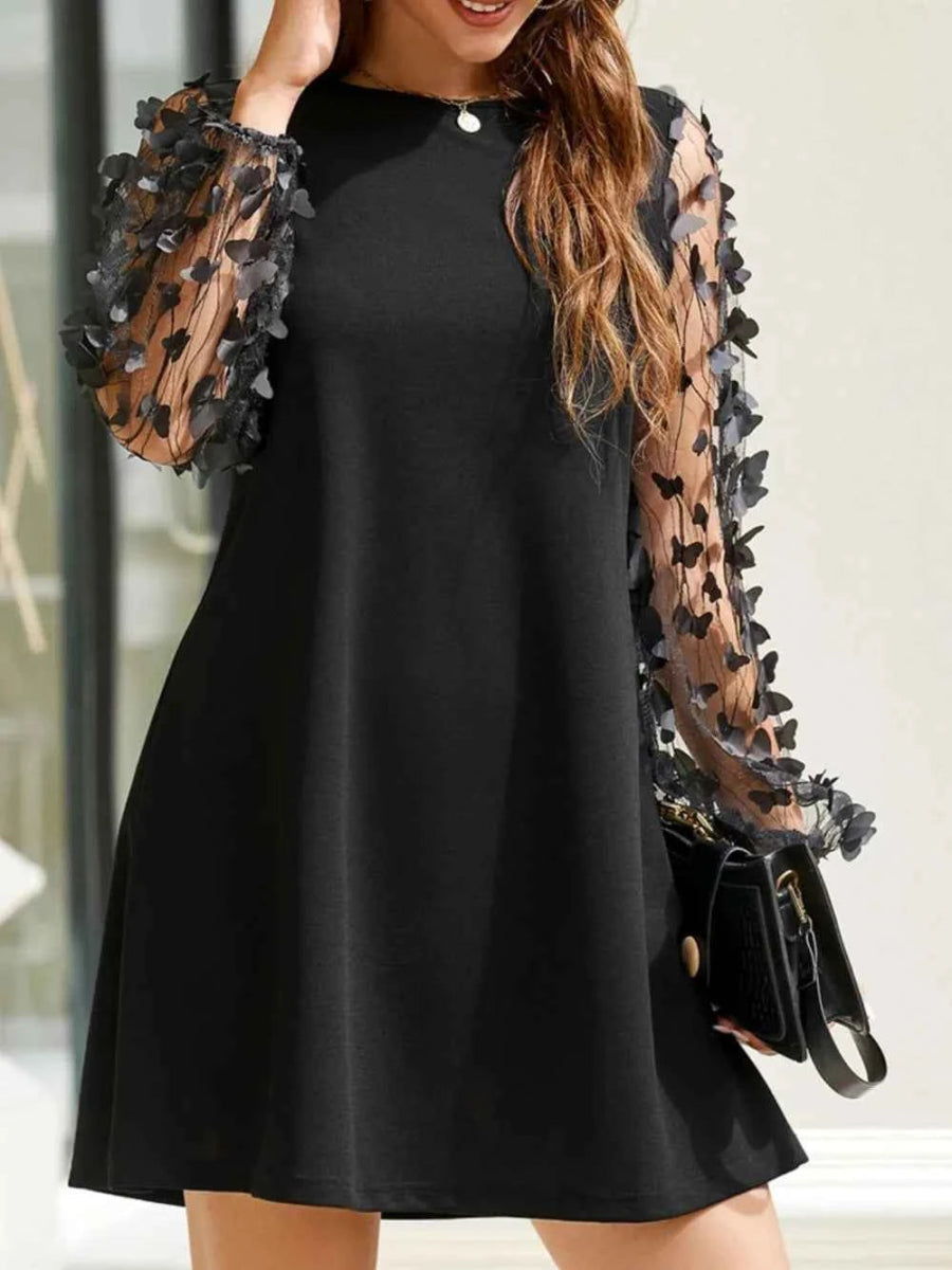 Round Neck Butterfly Mesh Long Sleeve Mini Dress.