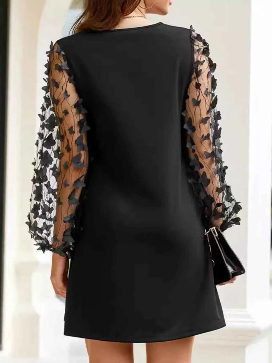 Round Neck Butterfly Mesh Long Sleeve Mini Dress.