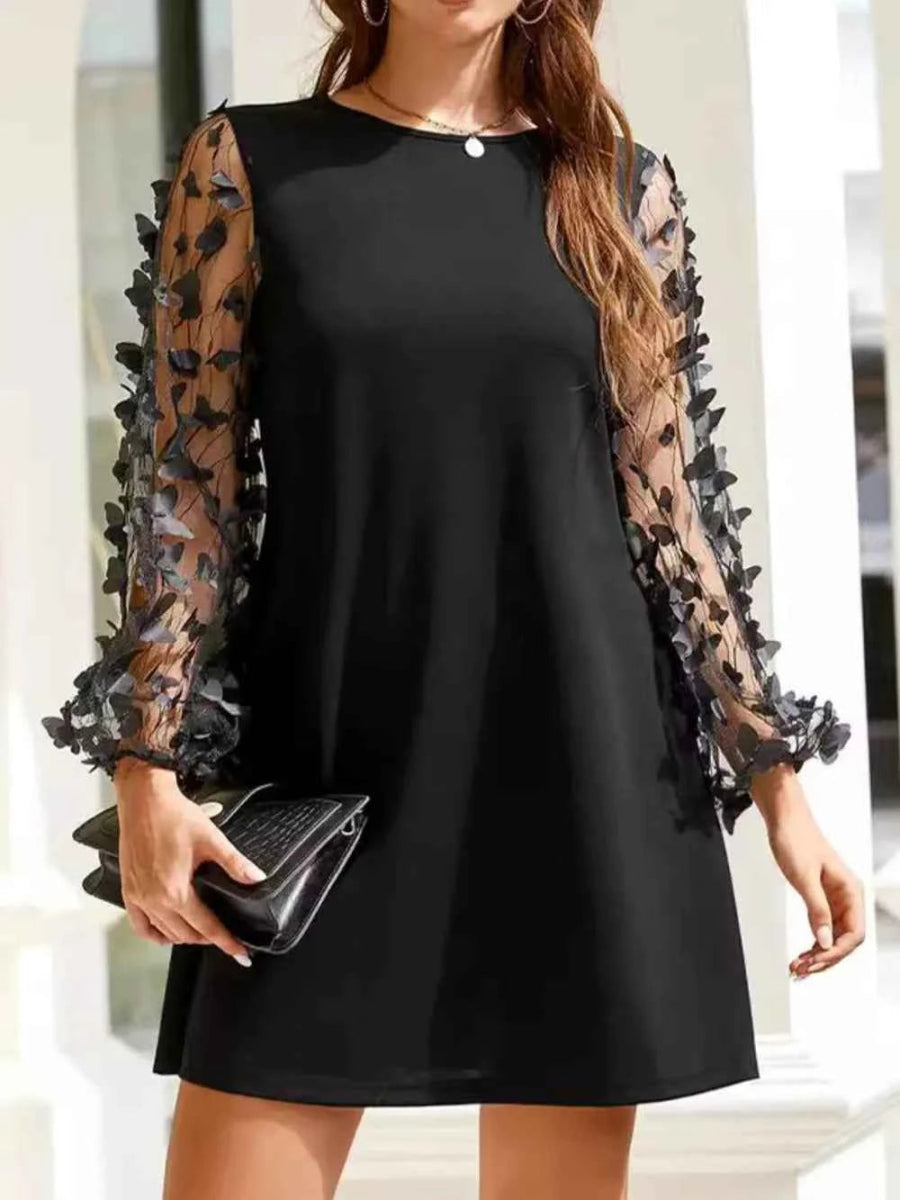 Round Neck Butterfly Mesh Long Sleeve Mini Dress.