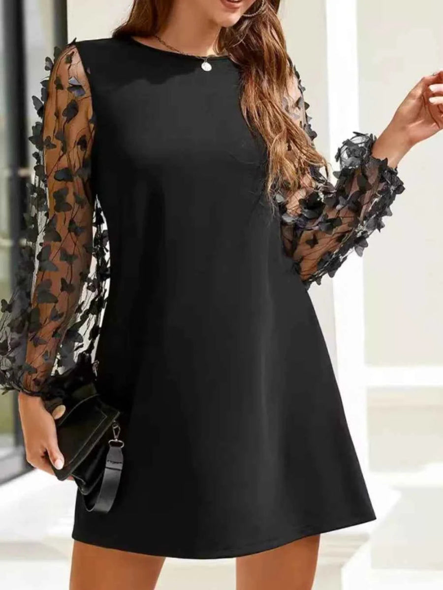 Round Neck Butterfly Mesh Long Sleeve Mini Dress.