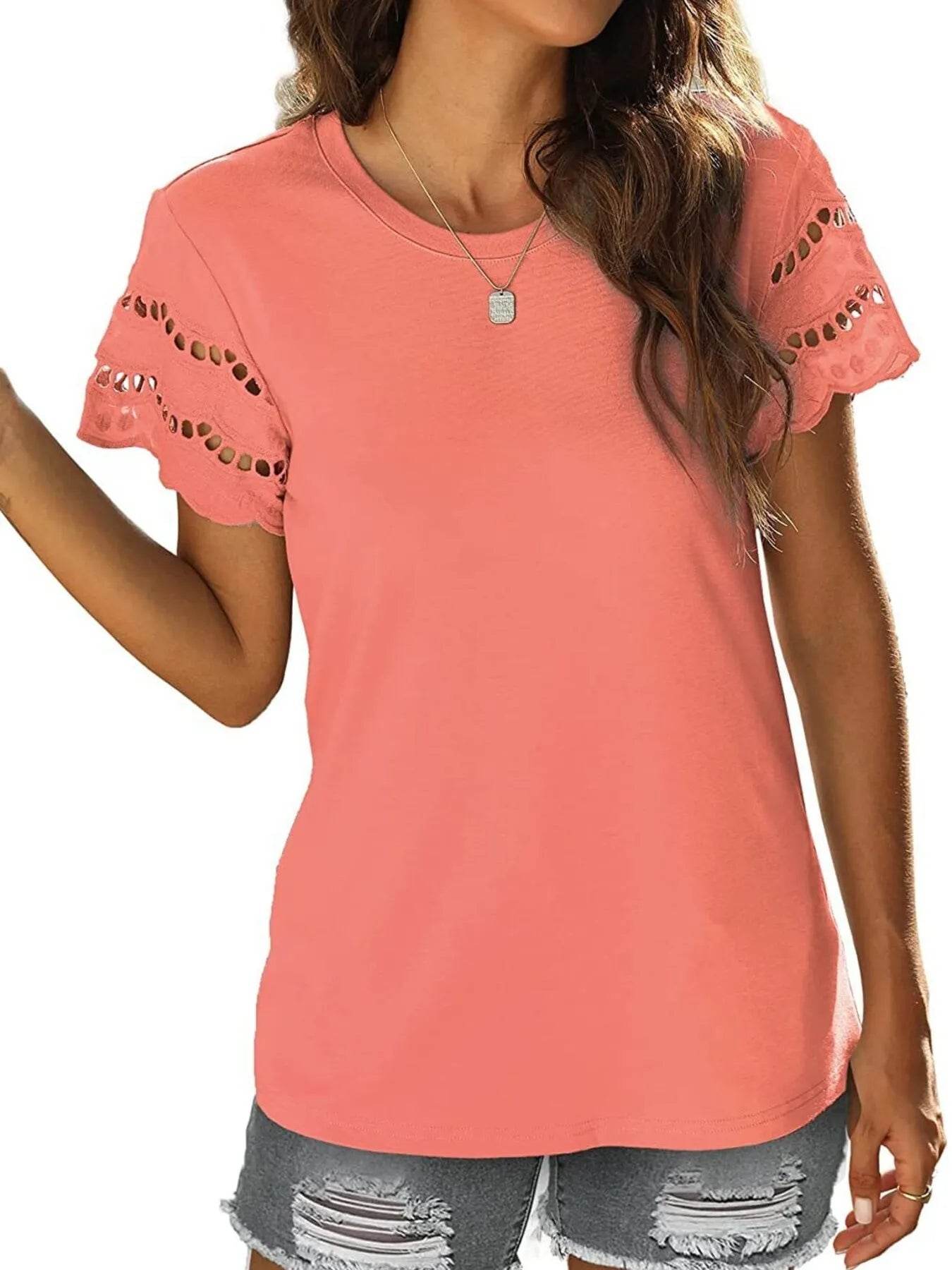 Lace Detail T-Shirt with Round Neck and Short Sleeves - EBYNN