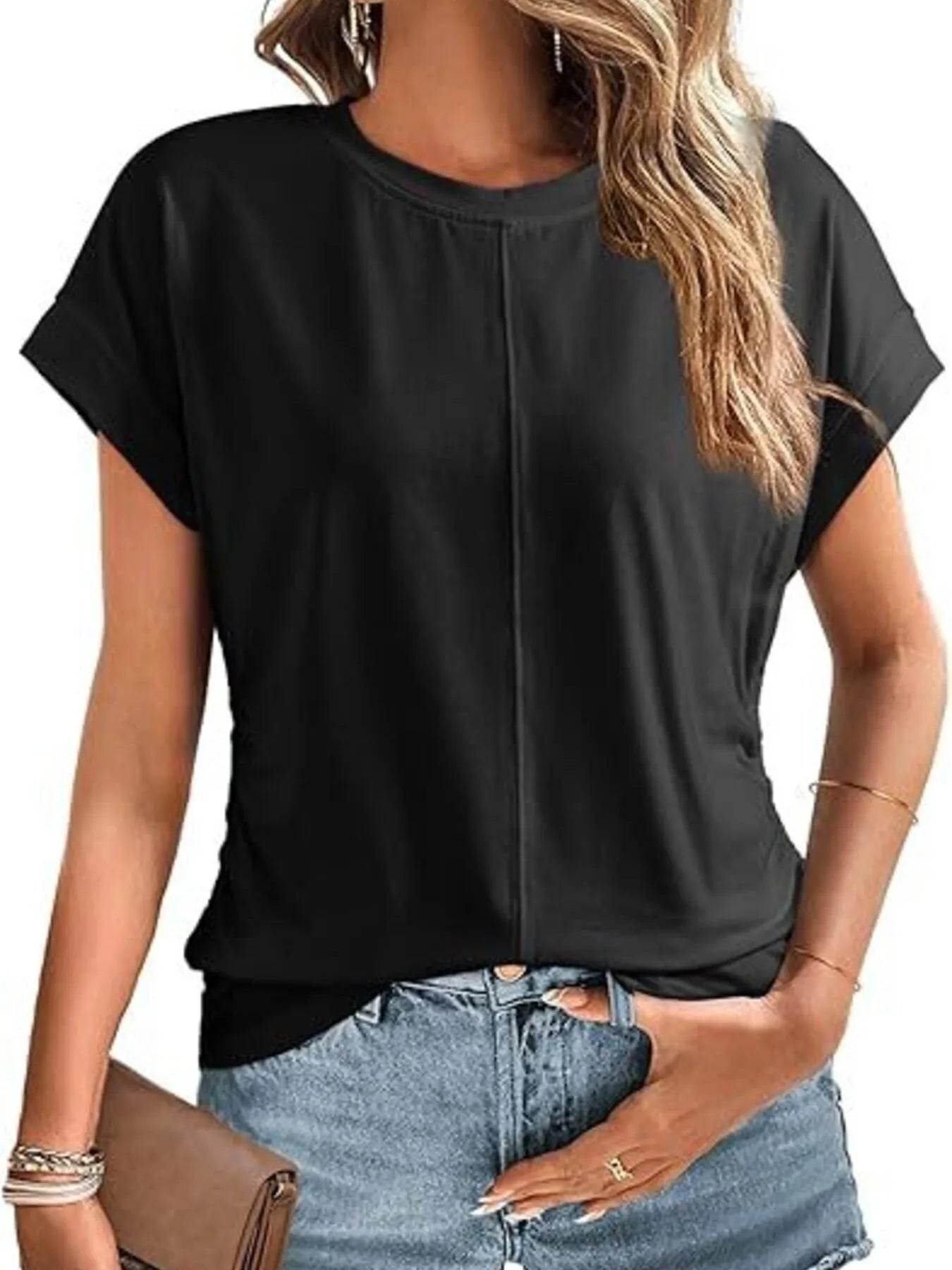 Round Neck Ruched T-Shirt with Short Sleeves for Effortless Style - EBYNN
