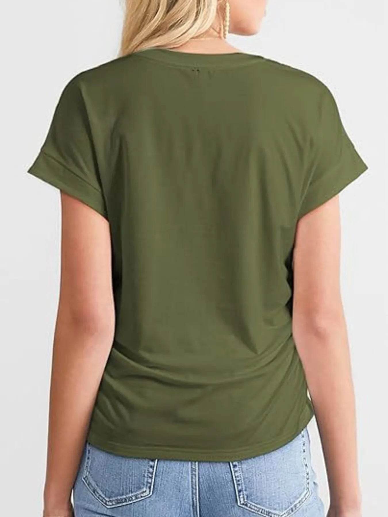 Round Neck Ruched T-Shirt with Short Sleeves for Effortless Style - EBYNN