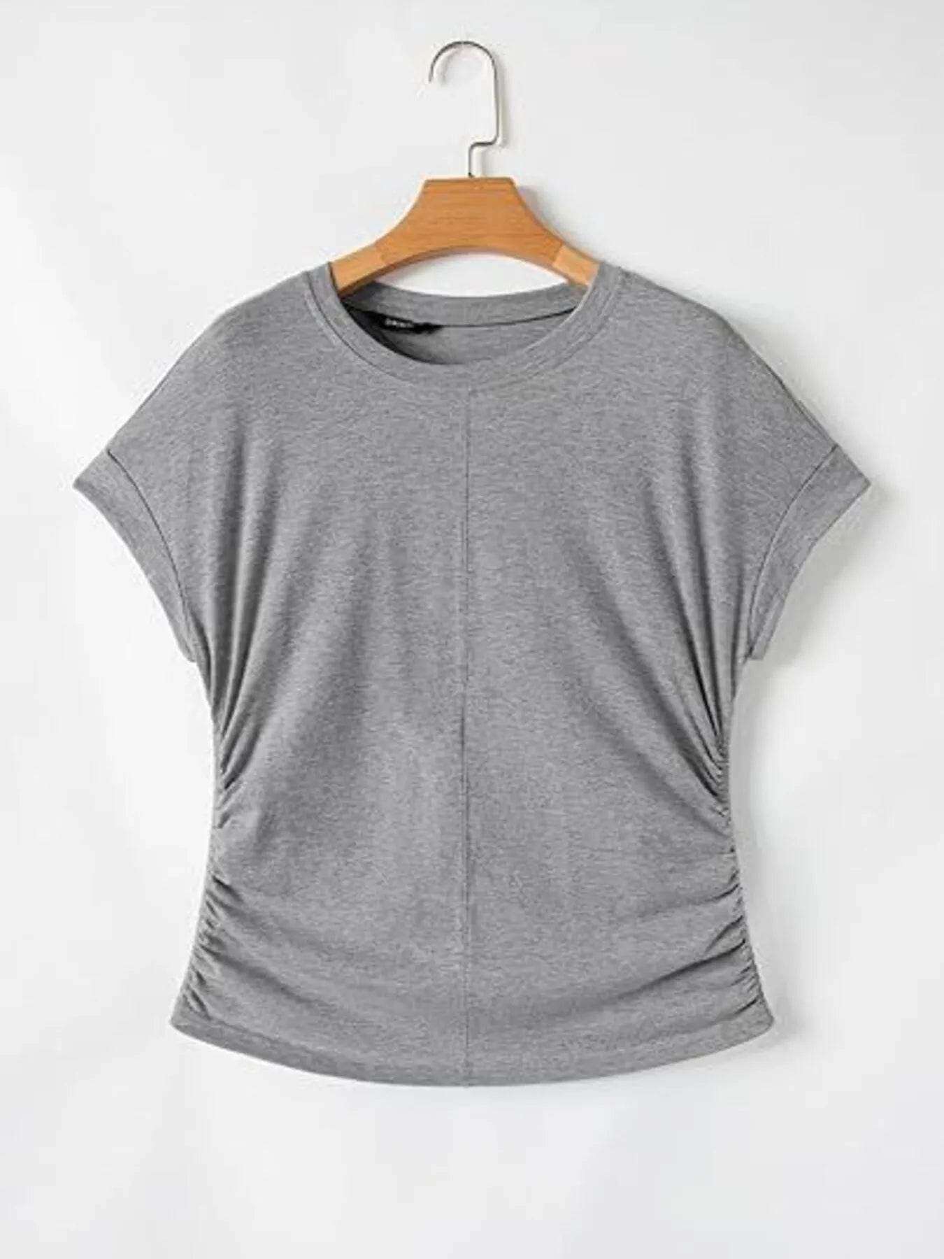 Round Neck Ruched T-Shirt with Short Sleeves for Effortless Style - EBYNN