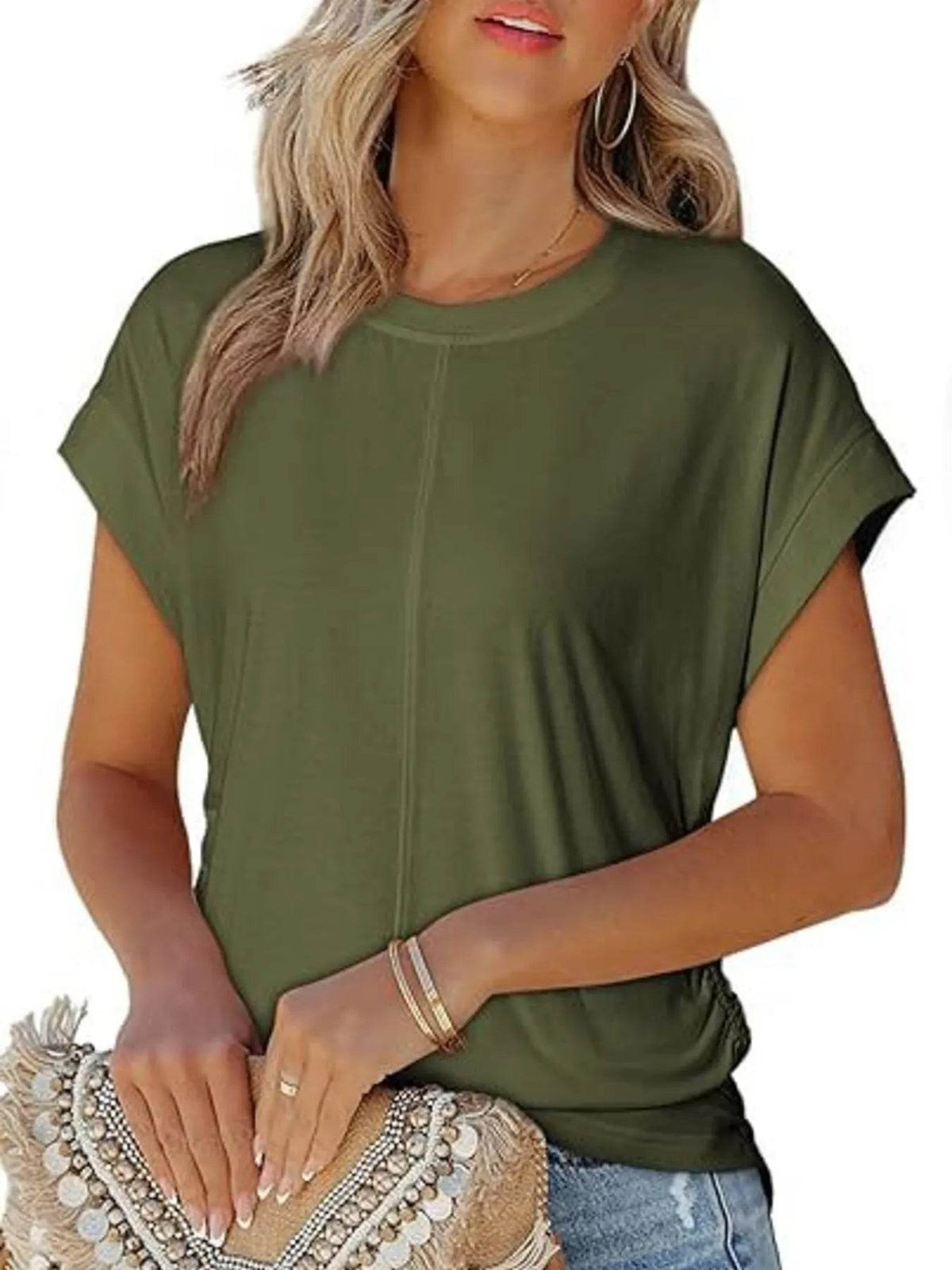 Round Neck Ruched T-Shirt with Short Sleeves for Effortless Style - EBYNN