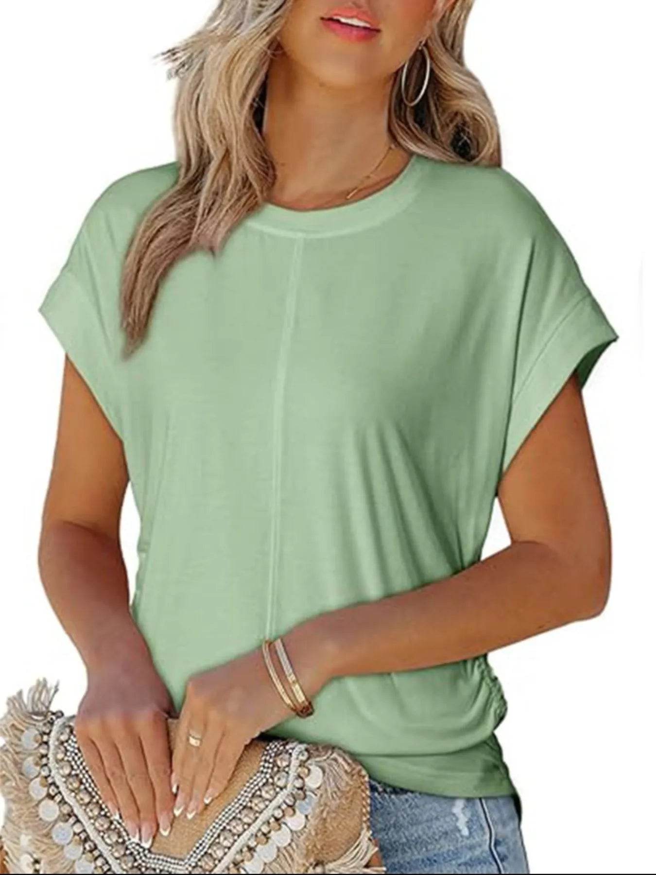 Round Neck Ruched T-Shirt with Short Sleeves for Effortless Style - EBYNN
