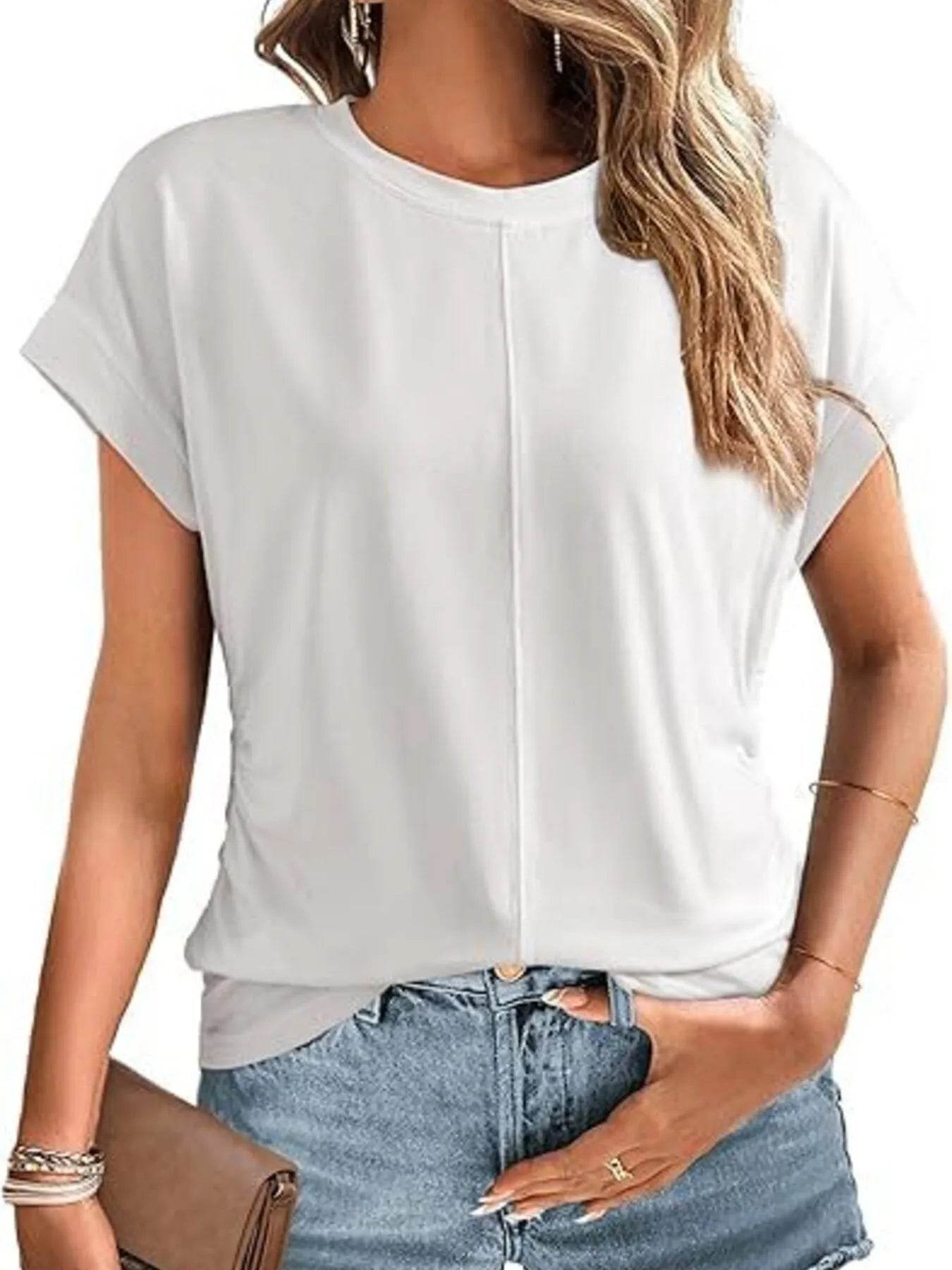 Round Neck Ruched T-Shirt with Short Sleeves for Effortless Style - EBYNN