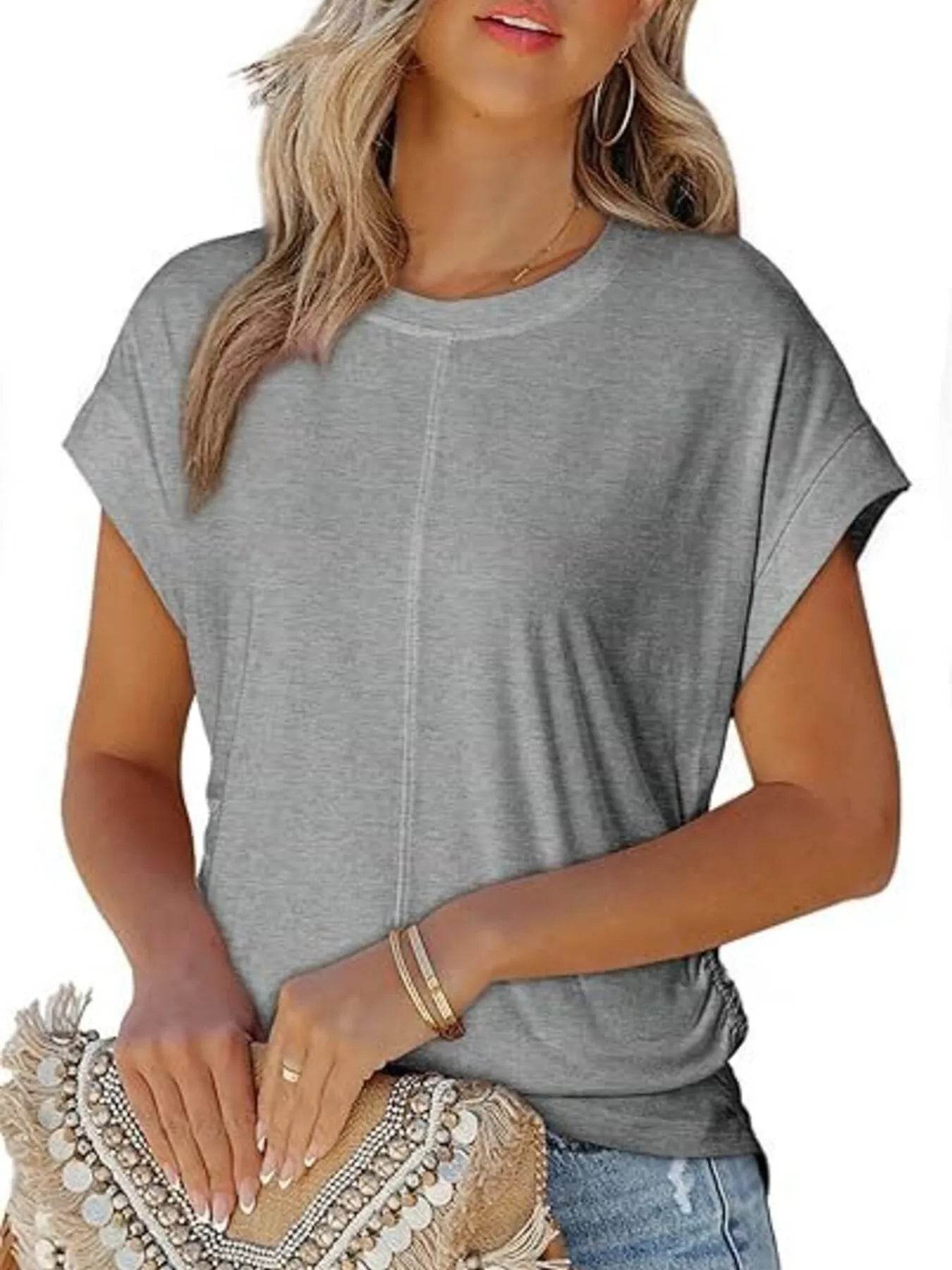 Round Neck Ruched T-Shirt with Short Sleeves for Effortless Style - EBYNN