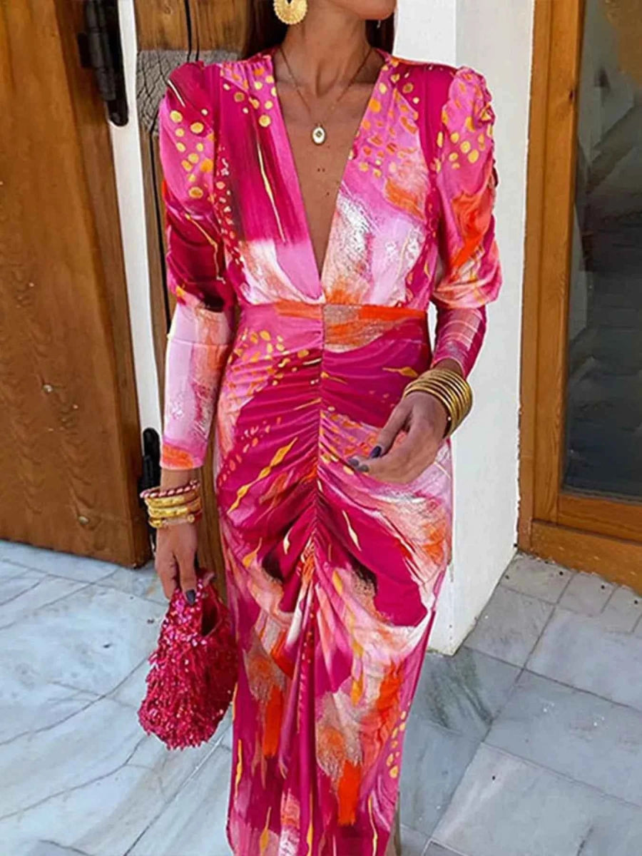 Ruched Front V-Neck Long Sleeve Maxi Dress.