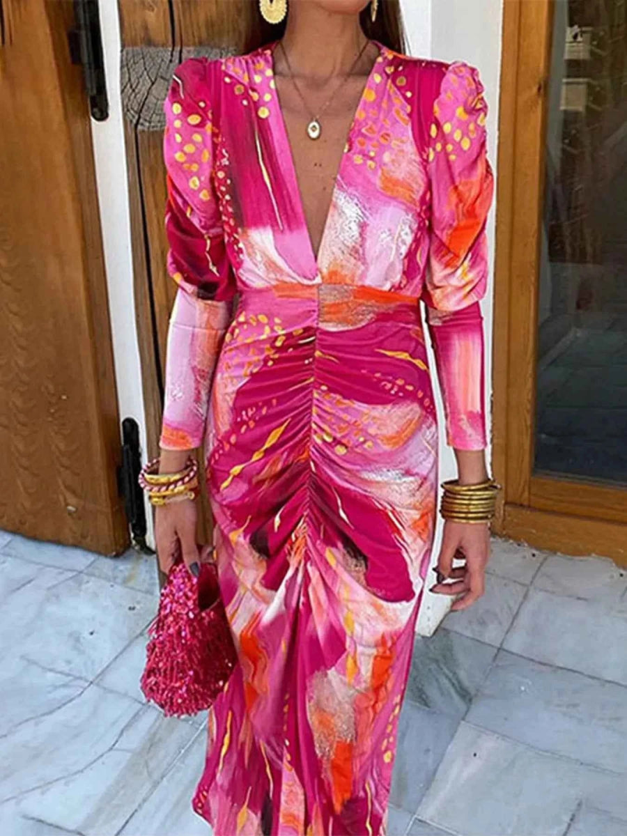 Ruched Front V-Neck Long Sleeve Maxi Dress.