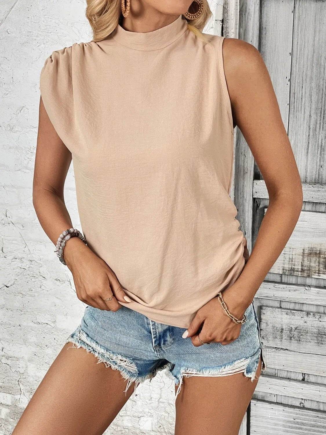 Ruched Shoulder Mock Neck Top for Effortless Style - EBYNN