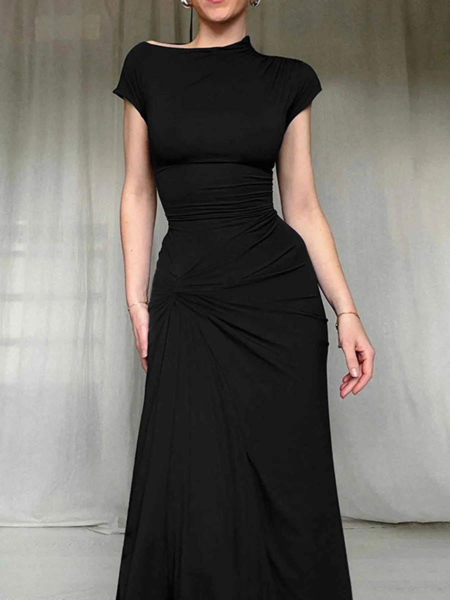 Ruched Slit Cap Sleeve Maxi Dress.