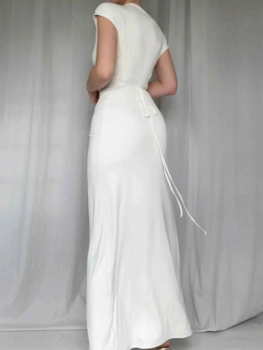 Ruched Slit Cap Sleeve Maxi Dress.