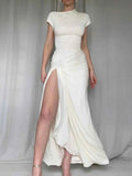 Ruched Slit Cap Sleeve Maxi Dress.