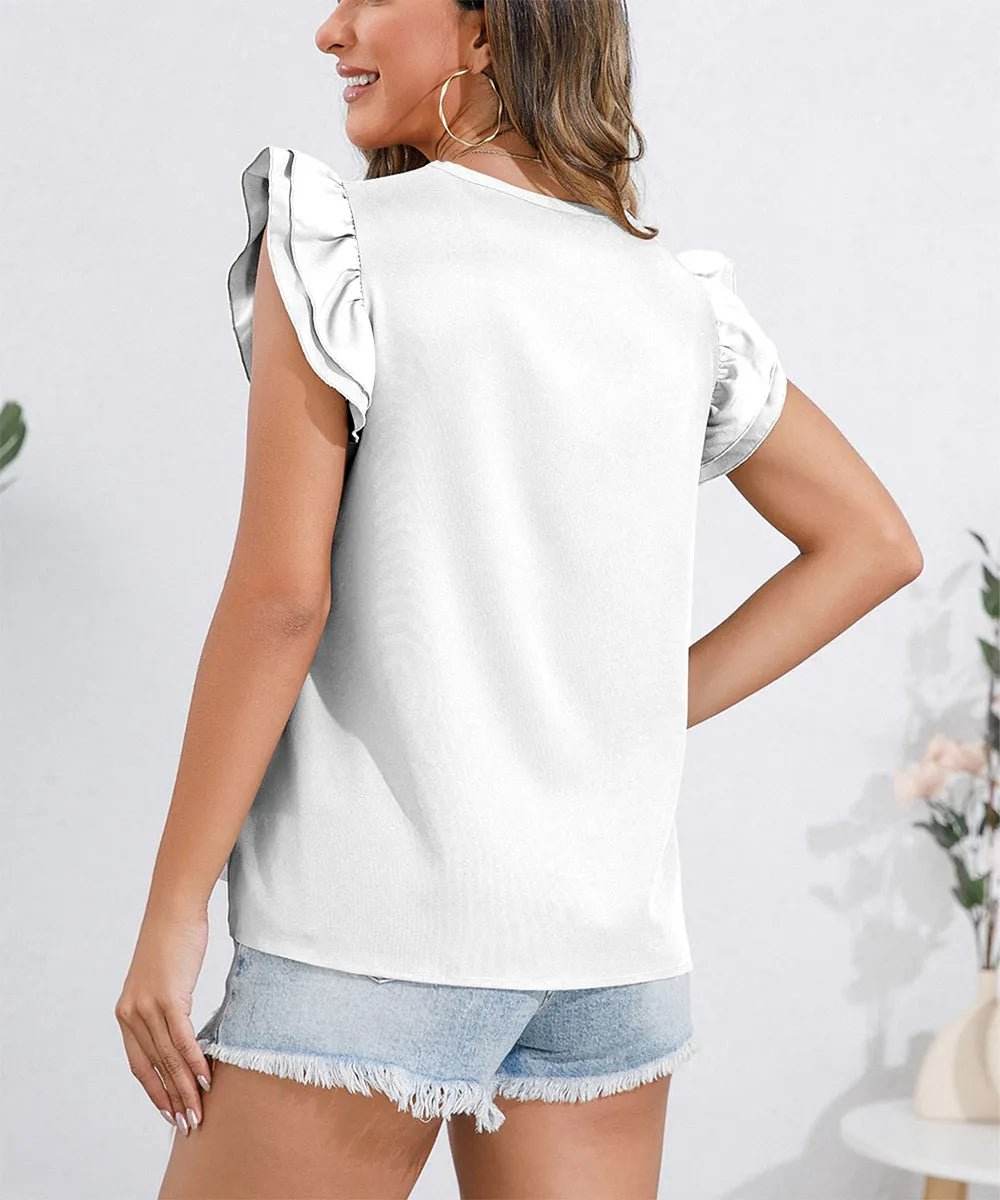 Ruffle Cap Sleeve Blouse - Round Neck Stylish Top - EBYNN