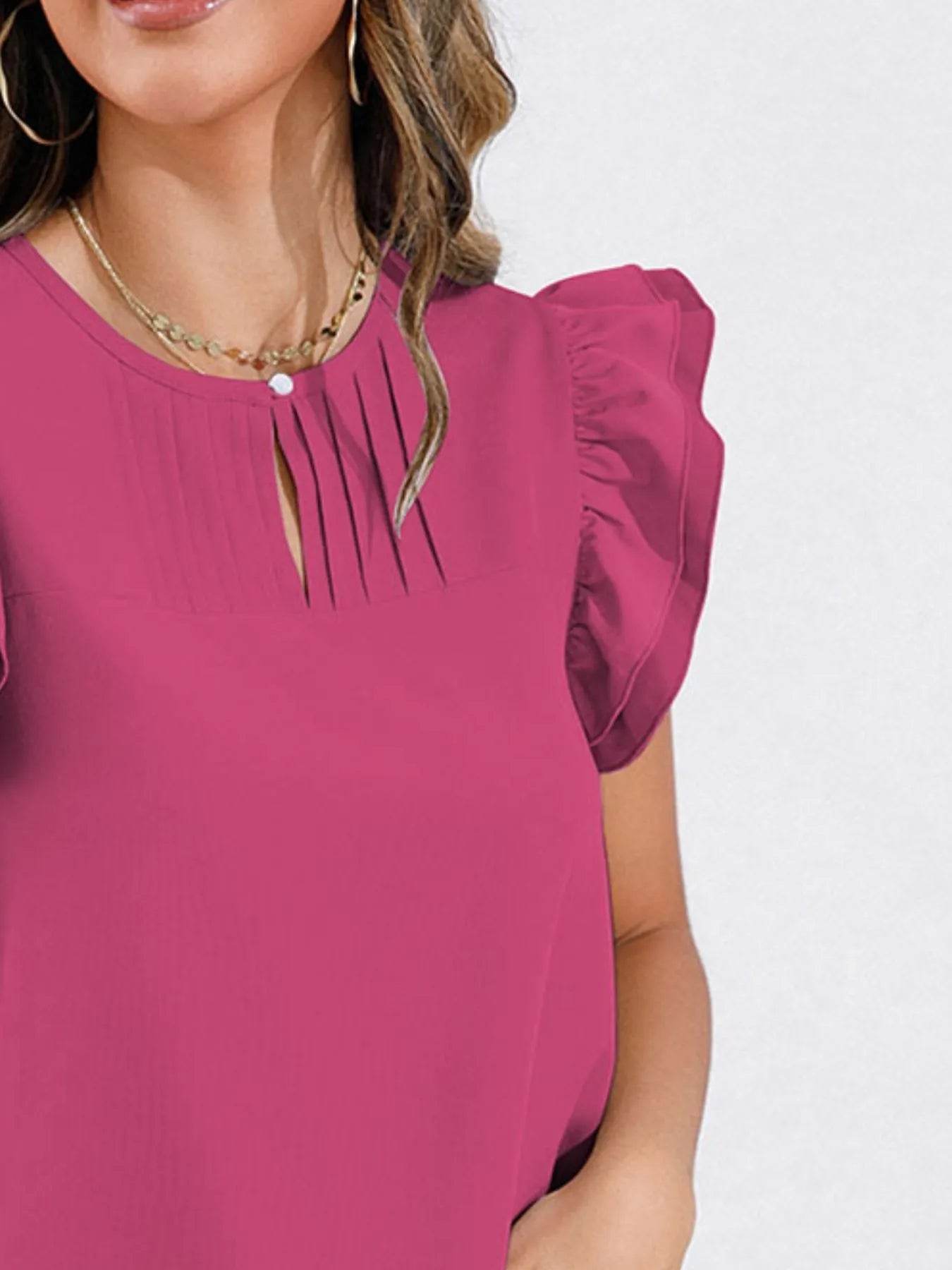 Ruffle Cap Sleeve Blouse - Round Neck Stylish Top - EBYNN