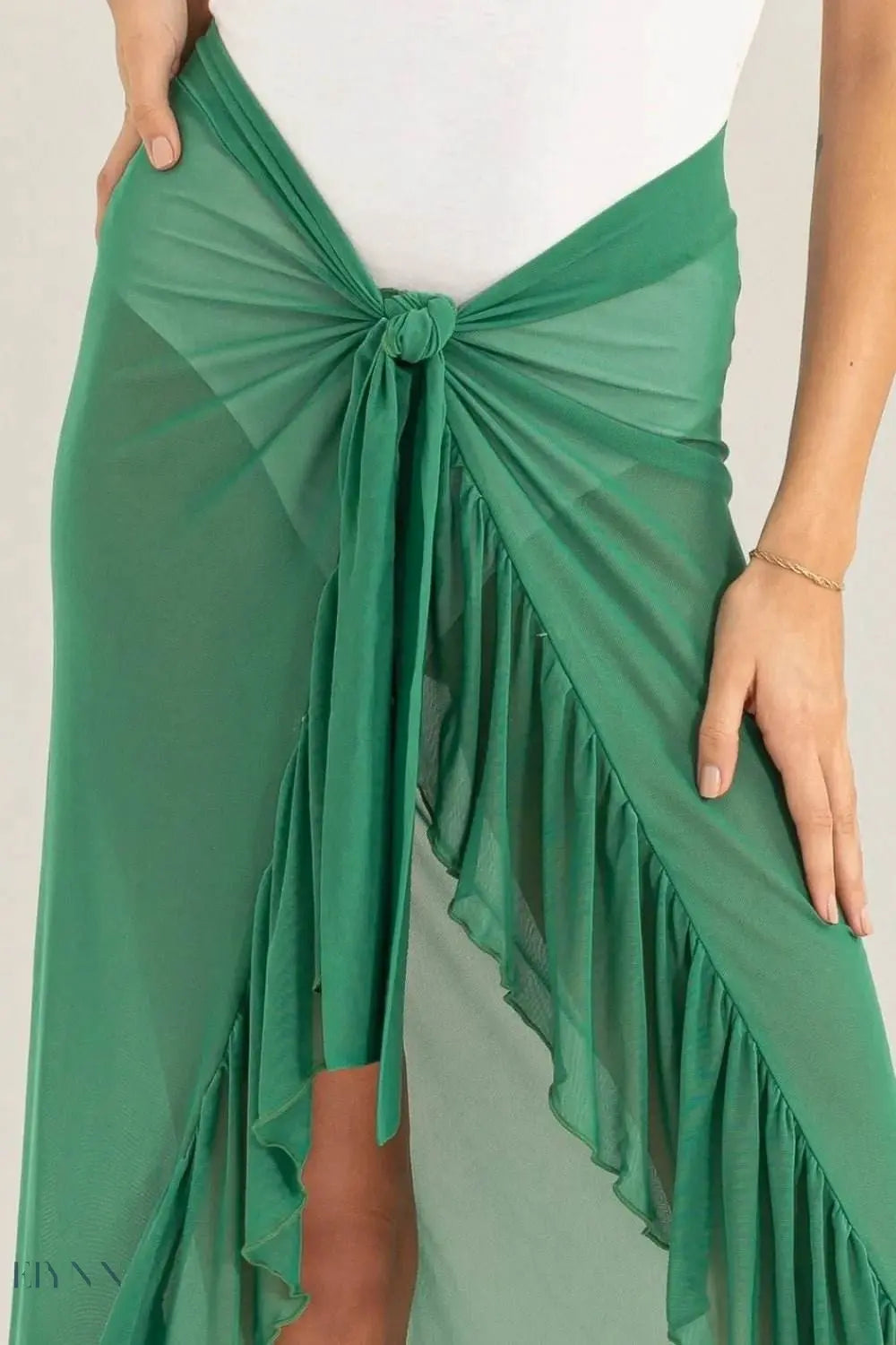 Green Ruffled Maxi Skirt with Front Tie - EBYNN