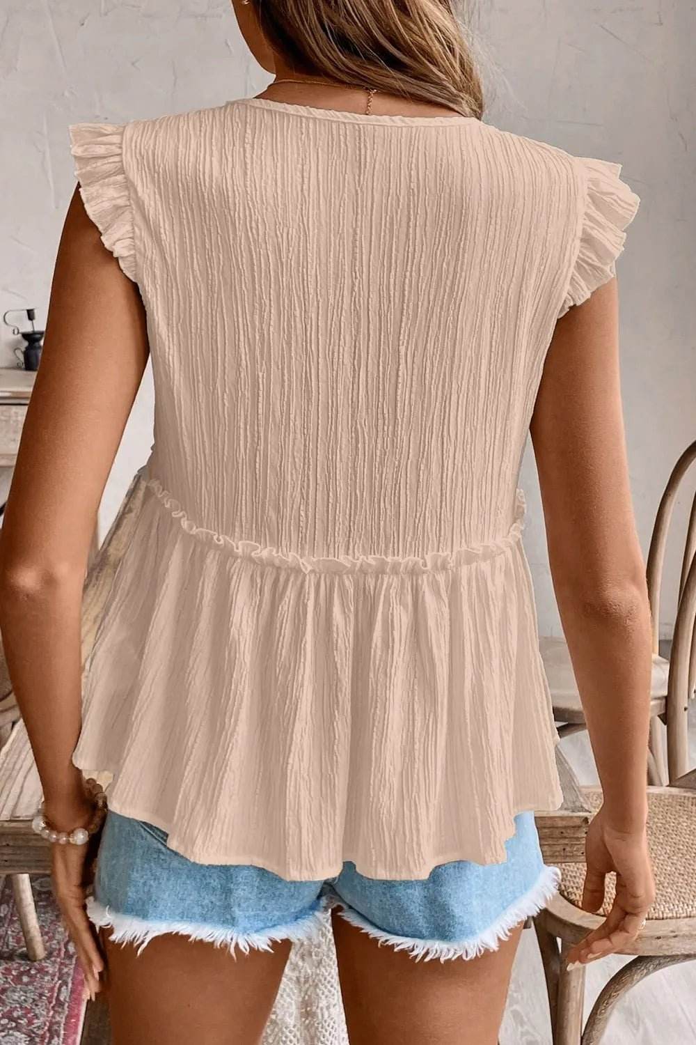 Ruffled V Neck Flutter Top with Stylish Ruffled Trim - EBYNN