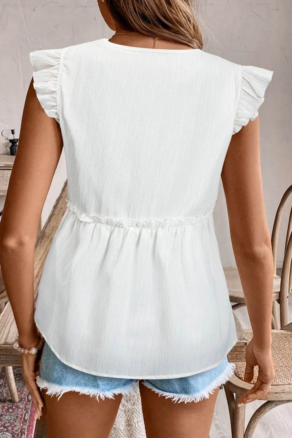 Ruffled V Neck Flutter Top with Stylish Ruffled Trim - EBYNN