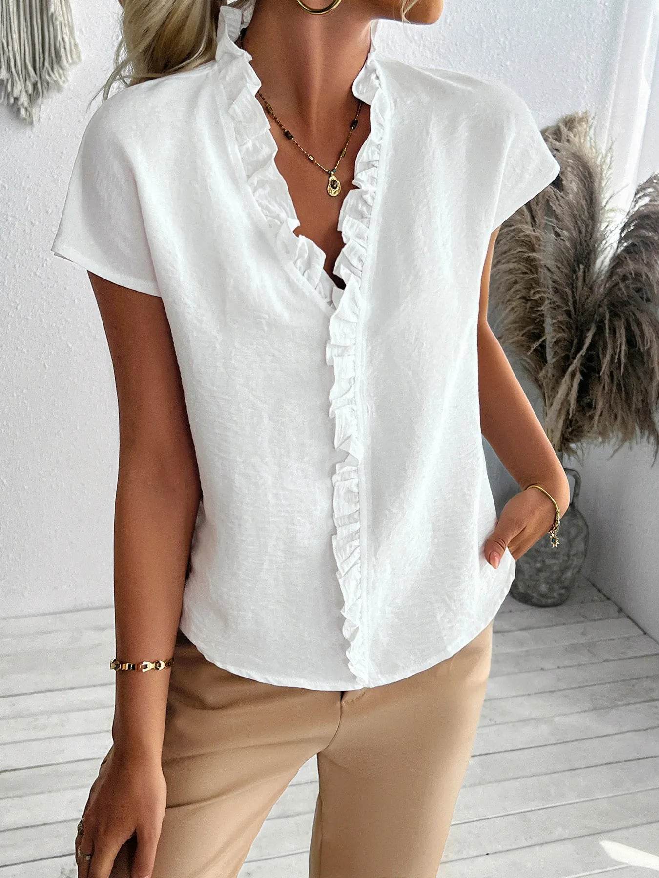 Ruffled Plus Size V-Neck T-Shirt Short Sleeve Blouse - EBYNN