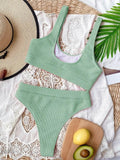 Scoop neck bikini set in green ribbed fabric with a comfortable fit for beach outings