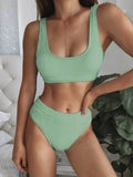 Stylish green scoop neck bikini set with a ribbed texture and high-waisted bottoms