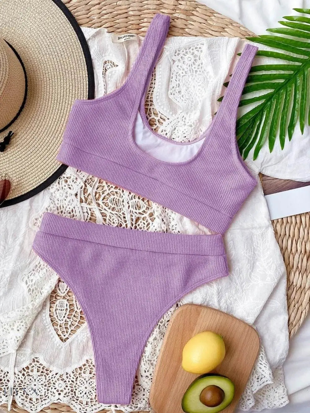 Trendsi Scoop neck bikini set in lavender ribbed fabric perfect for summer beach days