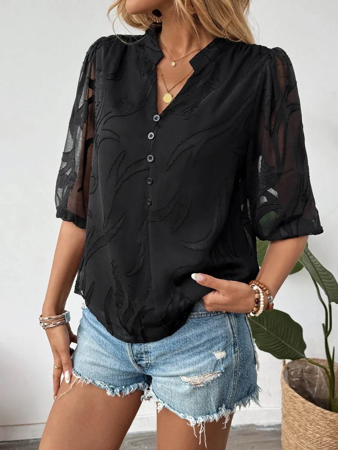 Sheer Notched Button Blouse for Effortless Elegance - EBYNN