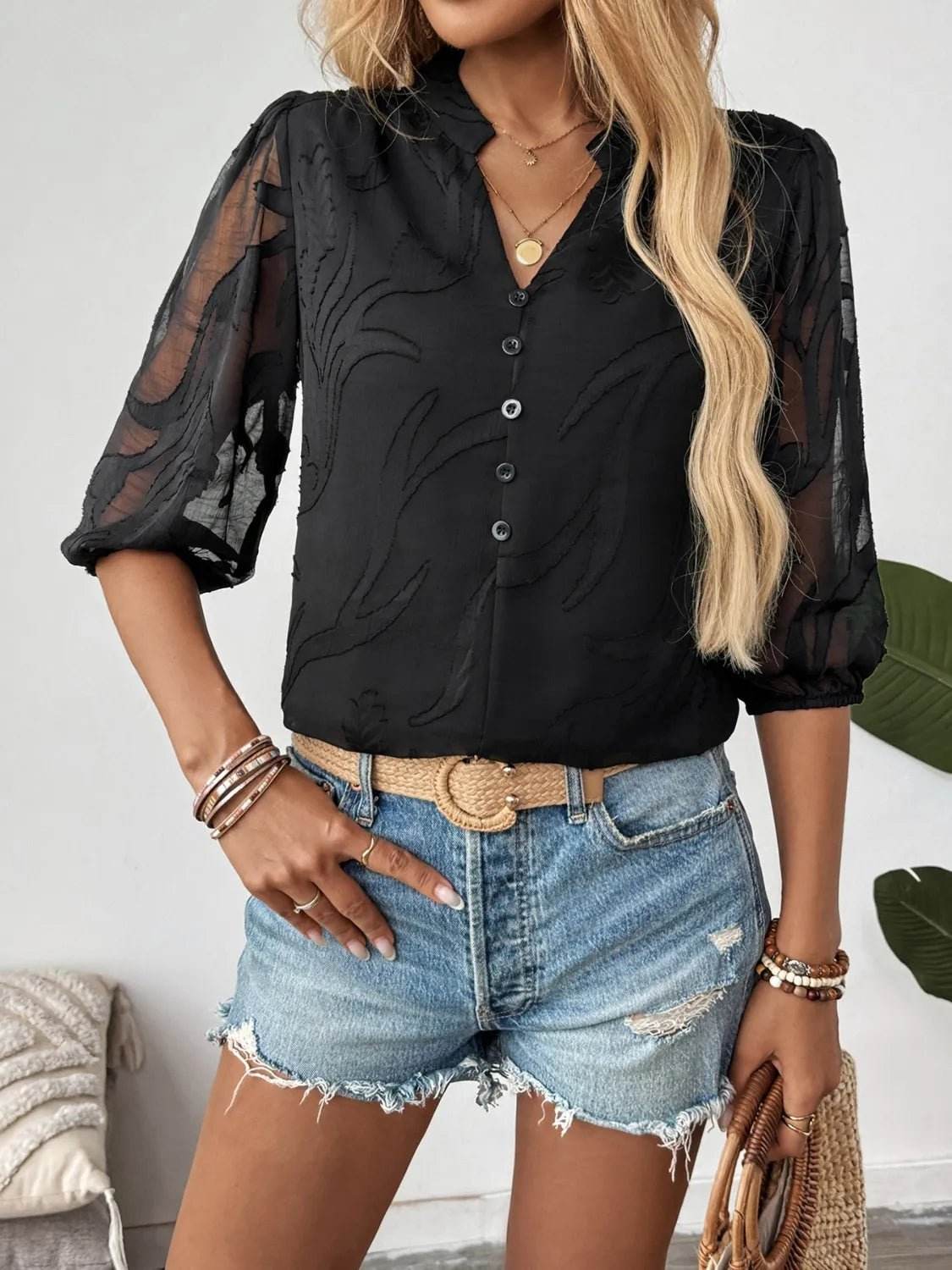 Sheer Notched Button Blouse for Effortless Elegance - EBYNN