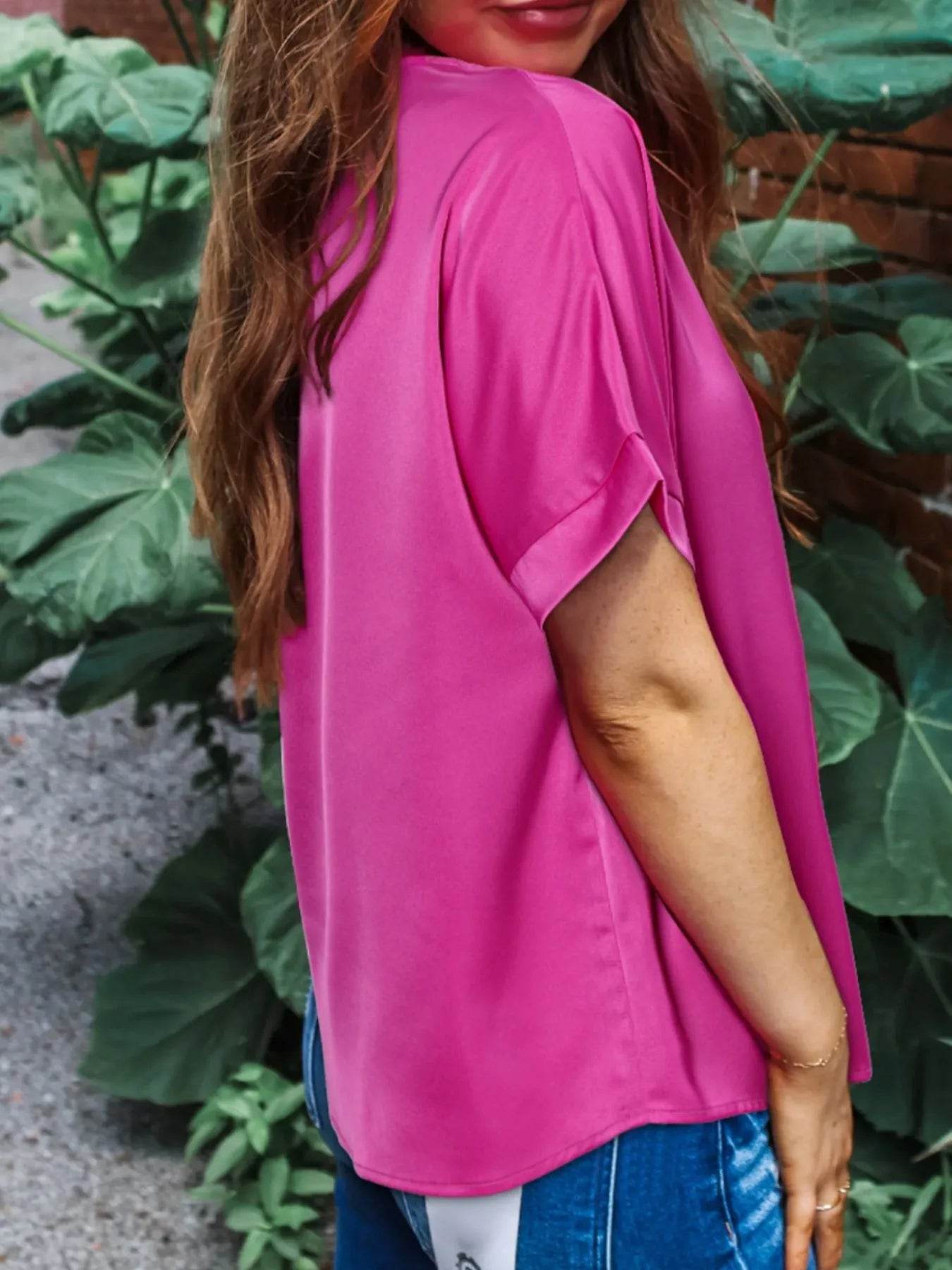 Silky V Neck Blouse with Dolman Sleeves for Effortless Style - EBYNN