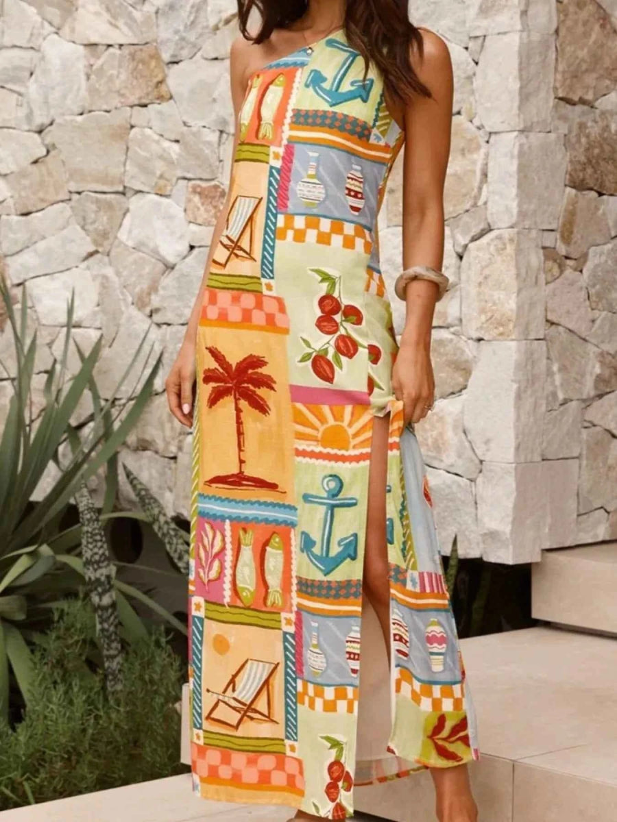Slit Printed Single Shoulder Maxi Dress.