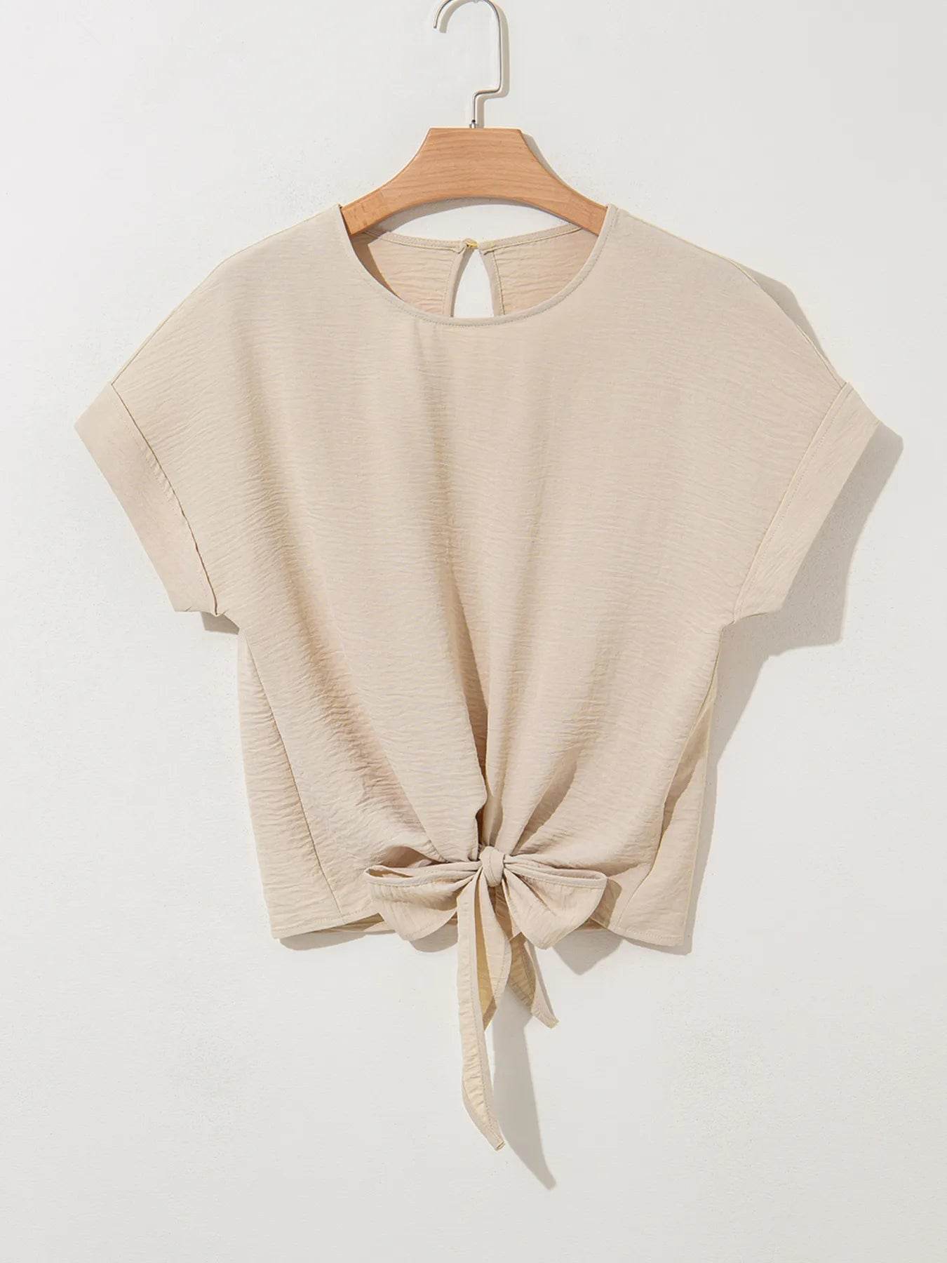 Solid Color Blouse with Knotted Hem and Short Sleeves - EBYNN