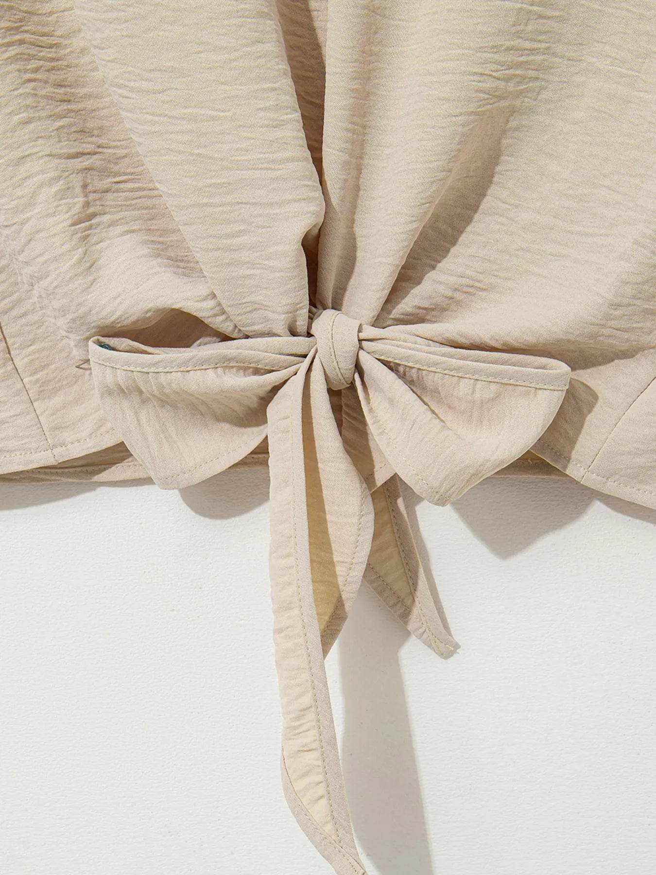 Solid Color Blouse with Knotted Hem and Short Sleeves - EBYNN