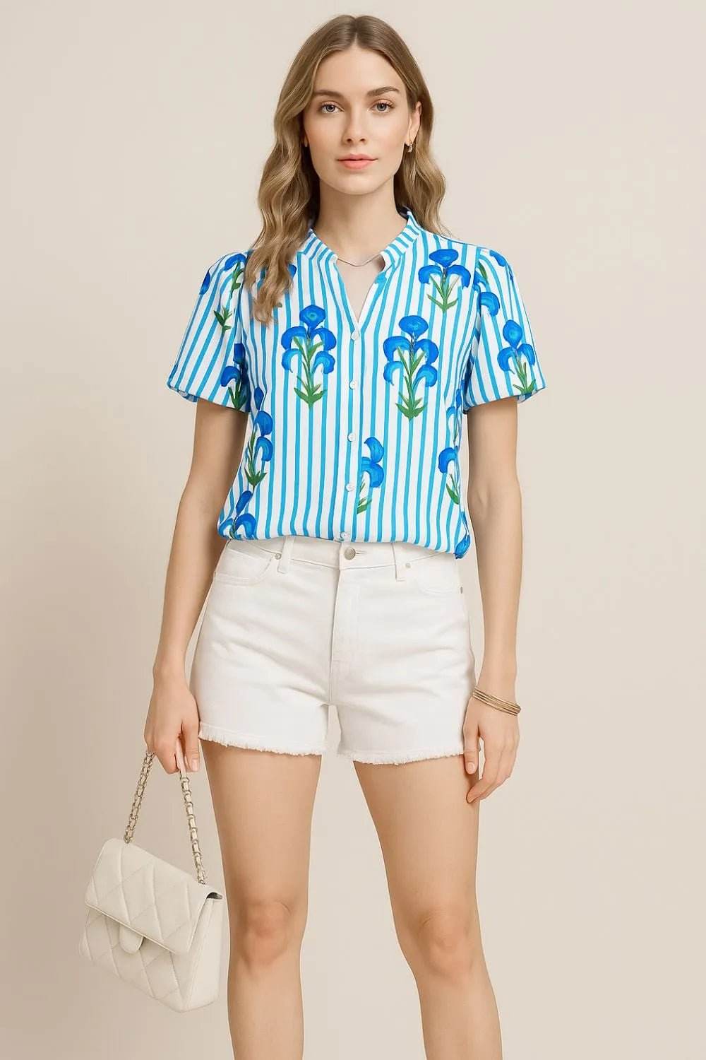 Stripe Floral Puff Sleeve Blouse with Notched Neck - EBYNN