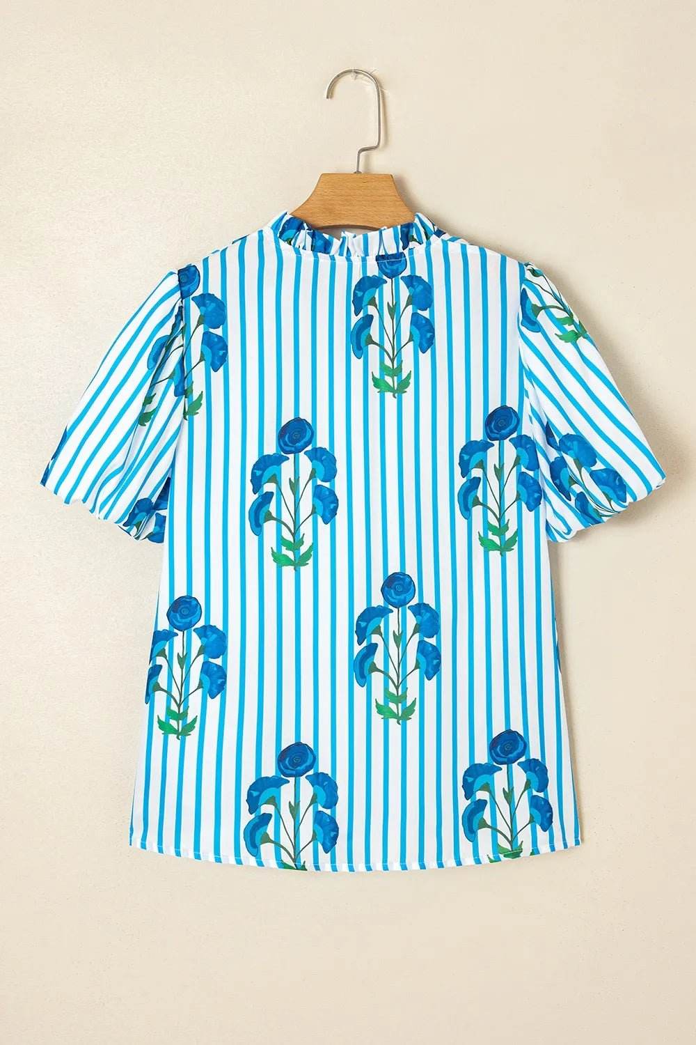 Stripe Floral Puff Sleeve Blouse with Notched Neck - EBYNN