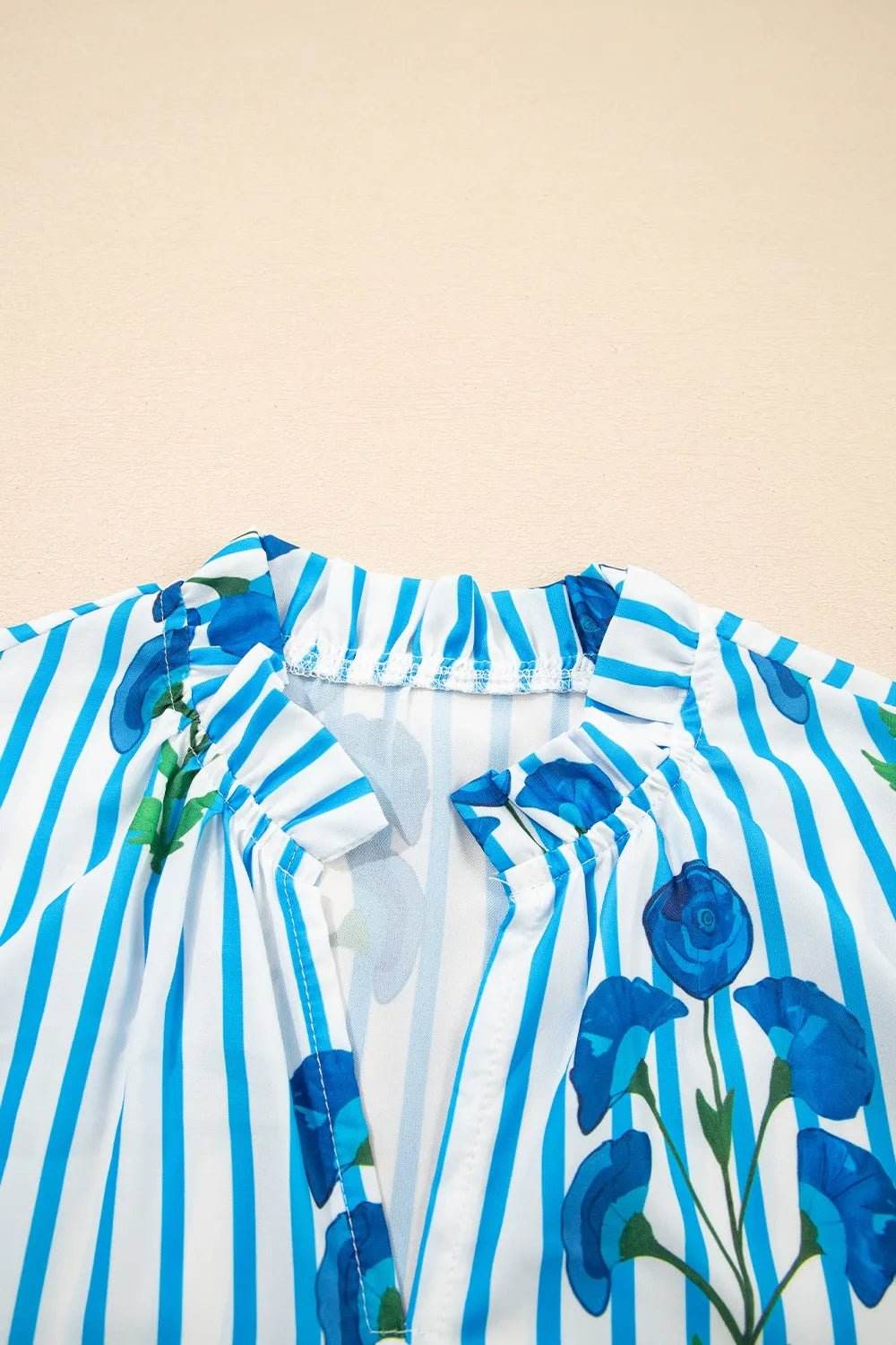 Stripe Floral Puff Sleeve Blouse with Notched Neck - EBYNN