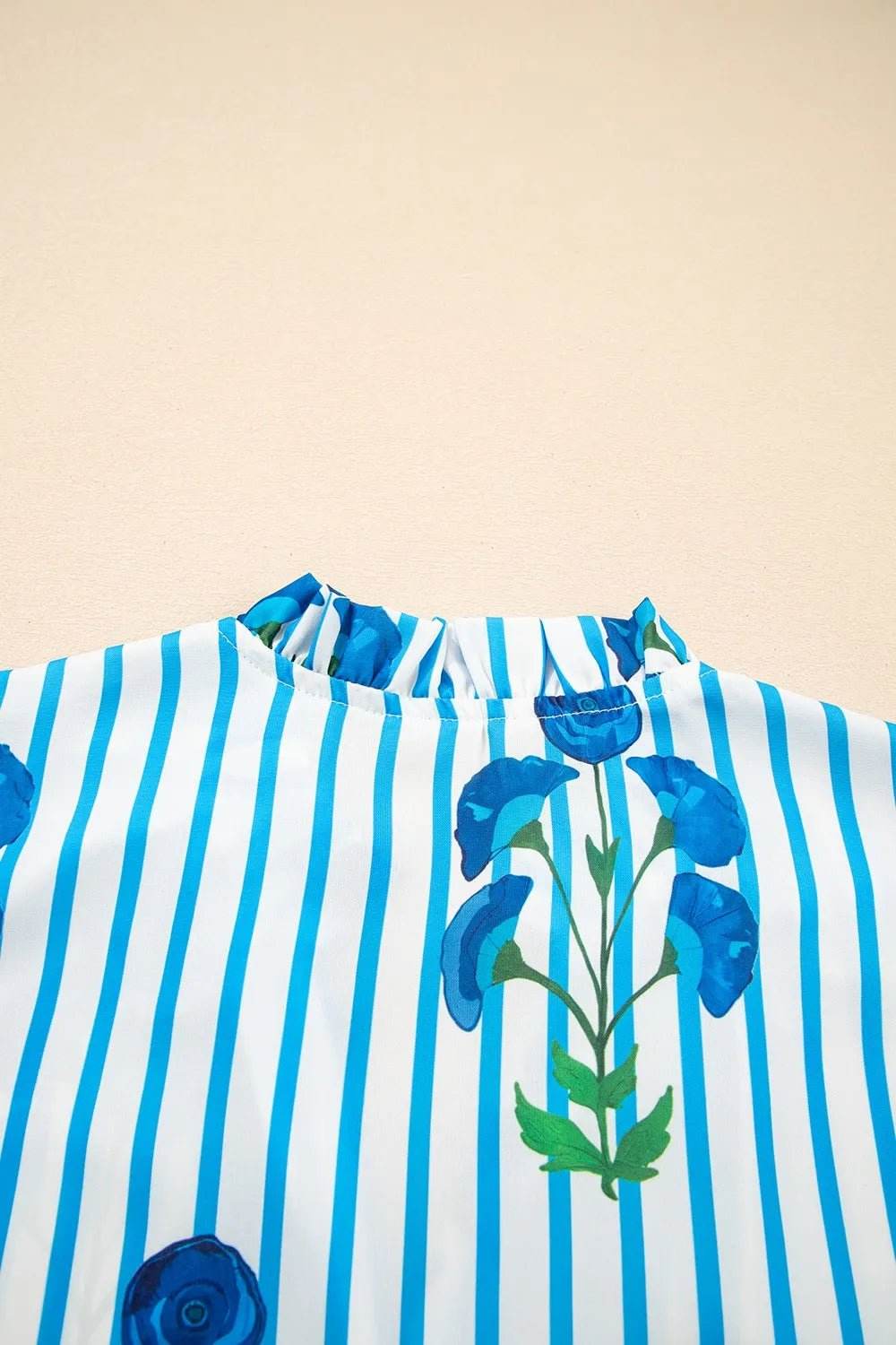 Stripe Floral Puff Sleeve Blouse with Notched Neck - EBYNN