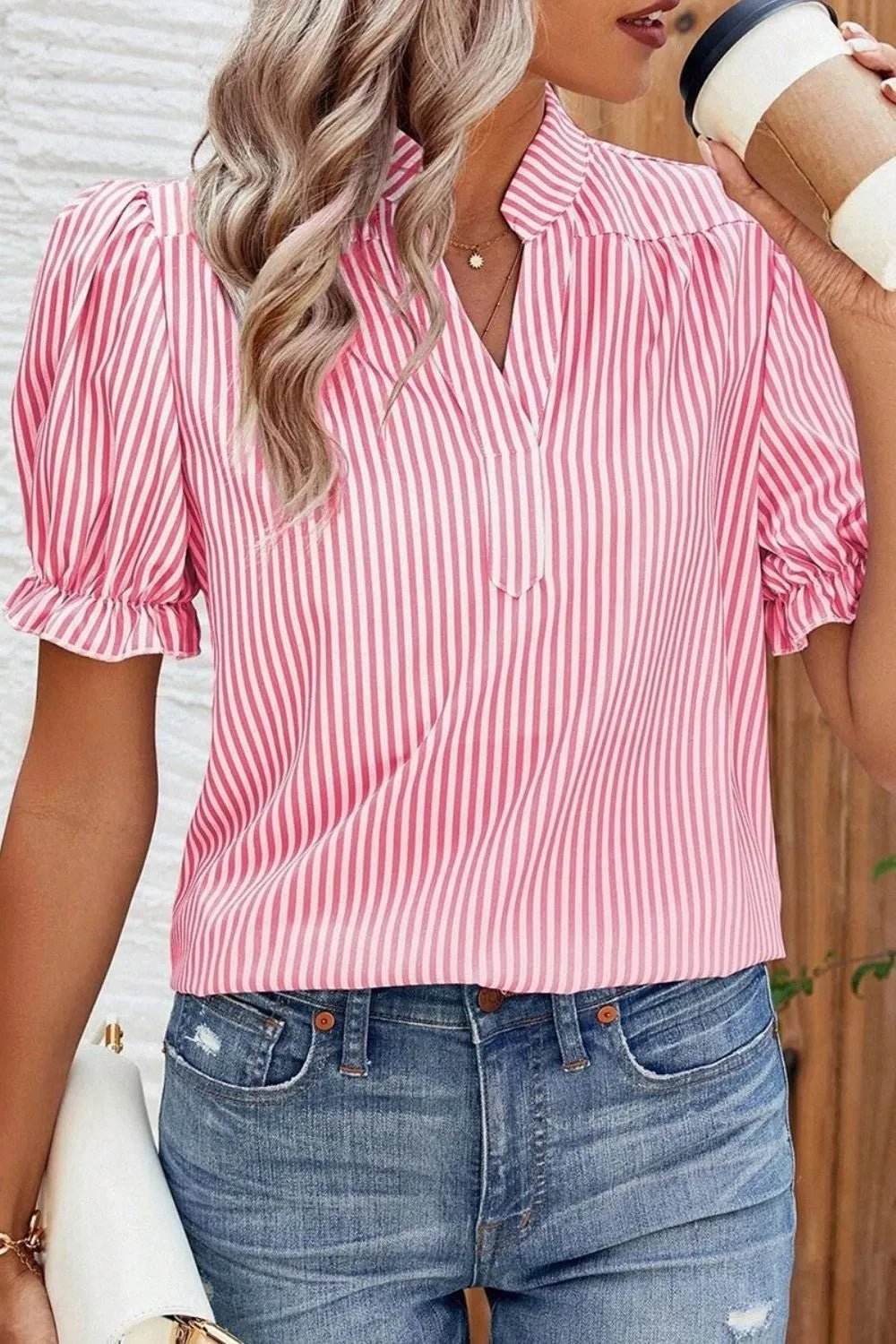 Stripe Notched Neck Blouse with Frilled Short Puff Sleeves - EBYNN