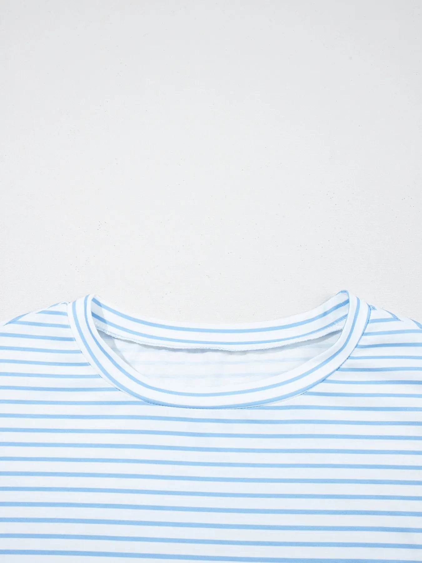 Women's Striped Floral Sleeve Ruffled V Neck Top Casual Blouse - EBYNN