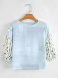 Women's Striped Floral Sleeve Ruffled V Neck Top Casual Blouse - EBYNN