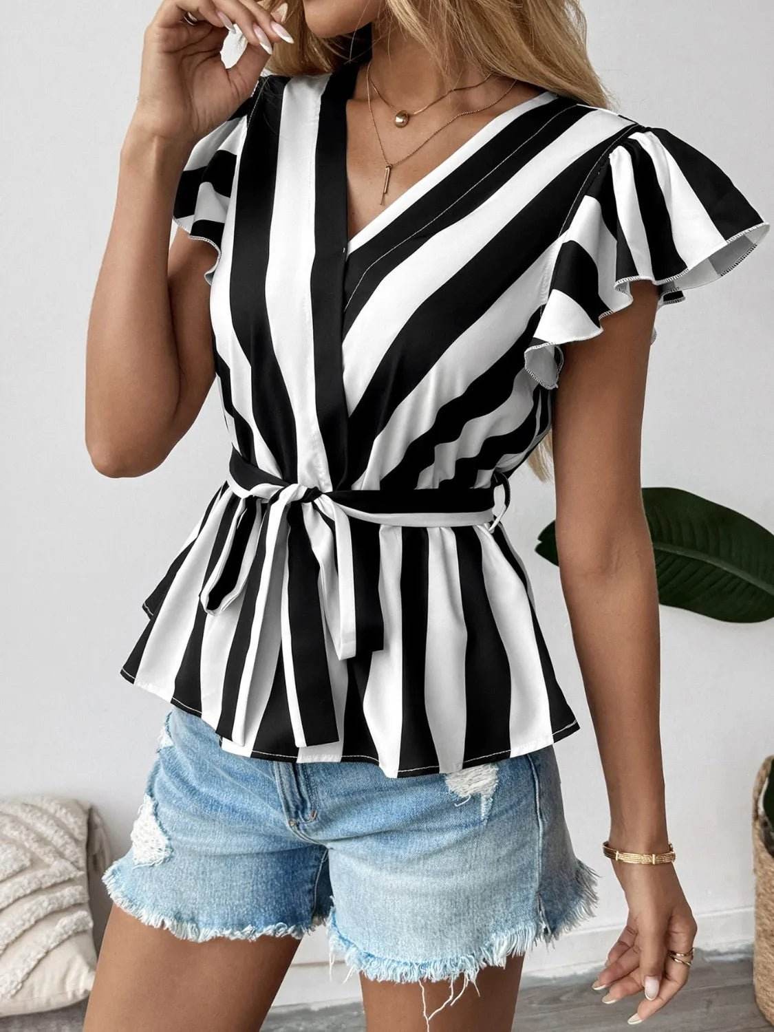 Striped Wrap Blouse with Flutter Sleeves - Stylish Surplice Design - EBYNN