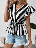 Striped Wrap Blouse with Flutter Sleeves - Stylish Surplice Design - EBYNN