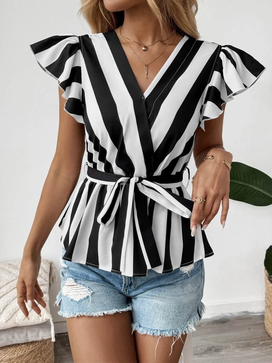 Striped Wrap Blouse with Flutter Sleeves - Stylish Surplice Design - EBYNN
